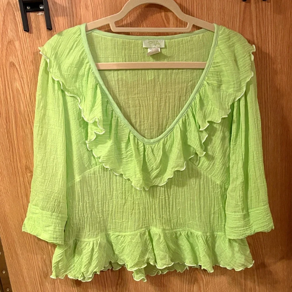 Elegant Lime Green Gauze Ruffled Blouse - Picture 1 of 6